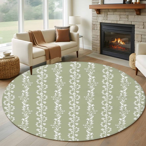 Large Round Rug 8Ft Washable Non-Slip, Sage Green Spring Leaves Circle Area Rugs for Living Room Bedroom, Pastoral Botanical Striped Flowers Indoor Floor Mats Carpet Runner for Home Decor