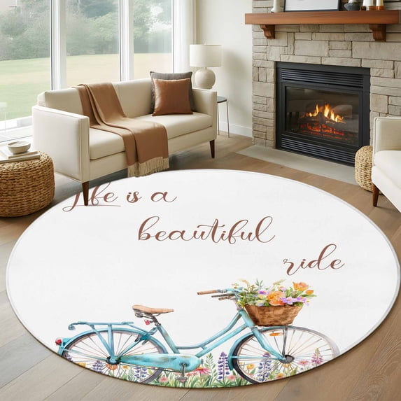 Large Round Rug 8Ft Washable Non-Slip, Spring Circle Area Rugs for Living Room Bedroom, Farmhouse Bicycle Botanical Floral Flowers Indoor Floor Mats Carpet Runner for Home Decor