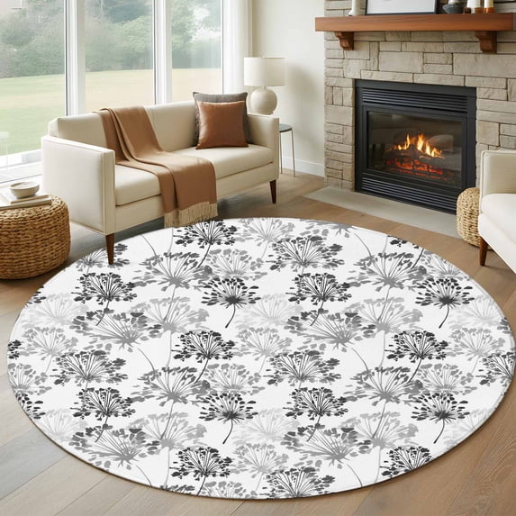 Large Round Rug 8Ft Washable Non-Slip, Spring Floral Circle Area Rugs for Living Room Bedroom, Grey Dandelion Plants Pastoral Flower Botanical Indoor Floor Mats Carpet Runner for Home Decor