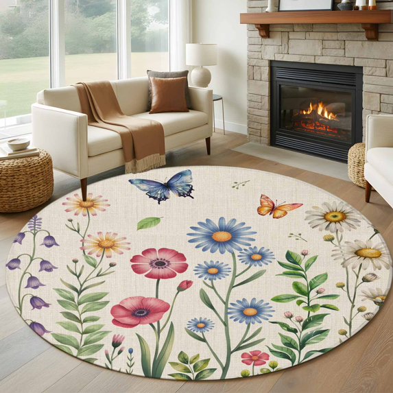 Large Round Rug 8Ft Washable Non-Slip, Spring Floral Circle Area Rugs for Living Room Bedroom, Pink Blue Flowers Butterfly Rustic Indoor Floor Mats Carpet Runner for Home Decor