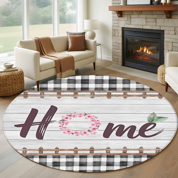 Large Round Rug 8Ft Washable Non-Slip, Spring Flowers Circle Area Rugs for Living Room Bedroom, Farmhouse Watercolor Black Plaid Wood Grain Indoor Floor Mats Carpet Runner for Home Decor