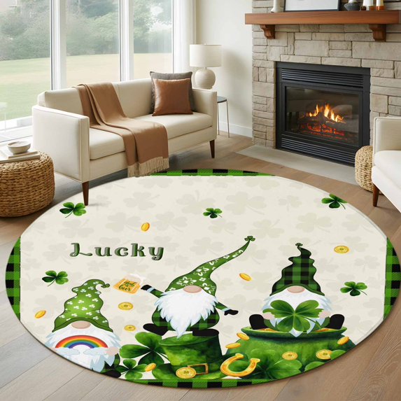 Large Round Rug 8Ft Washable Non-Slip, St. Patrick's Day Circle Area Rugs for Living Room Bedroom, Gnomes Shamrock Gold Coin Plaid Indoor Floor Mats Carpet Runner for Home Decor