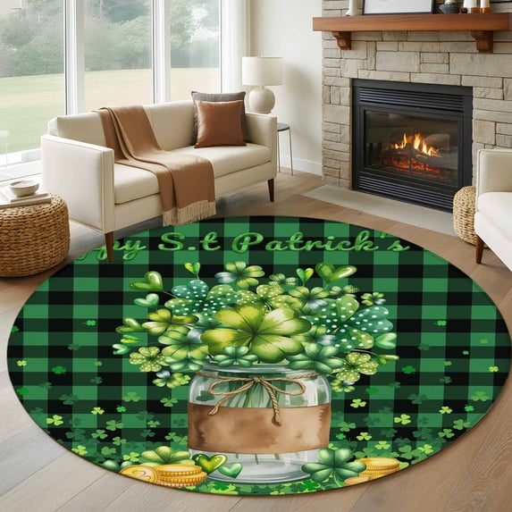 Large Round Rug 8Ft Washable Non-Slip, St. Patrick's Day Circle Area Rugs for Living Room Bedroom, Green Clovers Coin Buffalo Plaid Indoor Floor Mats Carpet Runner for Home Decor