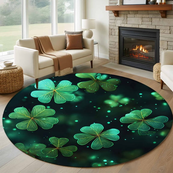 Large Round Rug 8Ft Washable Non-Slip, St. Patrick's Day Circle Area Rugs for Living Room Bedroom, Spring Green Clovers Botanical Herbs Indoor Floor Mats Carpet Runner for Home Decor