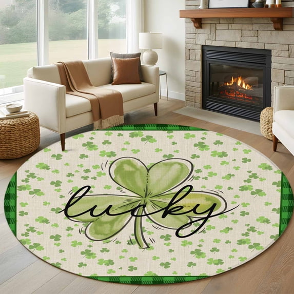 Large Round Rug 8Ft Washable Non-Slip, St. Patrick's Day Circle Area Rugs for Living Room Bedroom, Spring Lucky Shamrock Retro Green Plaid Indoor Floor Mats Carpet Runner for Home Decor
