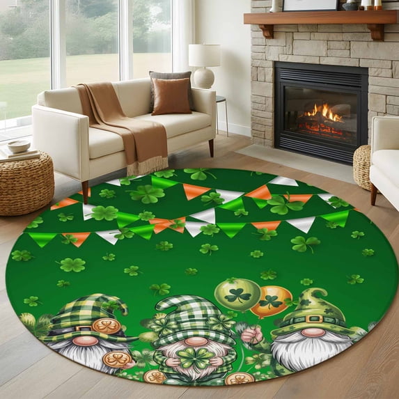 Large Round Rug 8Ft Washable Non-Slip, St. Patrick's Day Circle Area Rugs for Living Room Bedroom, Spring Shamrock Gnomes Balloons Flag Green Indoor Floor Mats Carpet Runner for Home Decor
