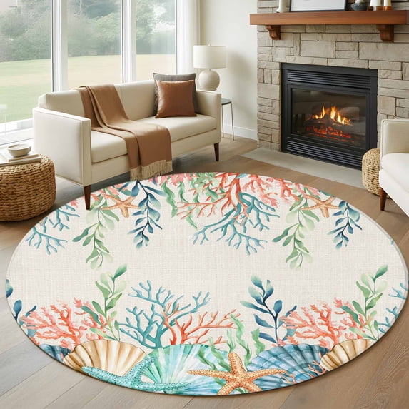 Large Round Rug 8Ft Washable Non-Slip, Summer Ocean Circle Area Rugs for Living Room Bedroom, Watercolor Coastal Coral Shell Seaweed Beige Indoor Floor Mats Carpet Runner for Home Decor