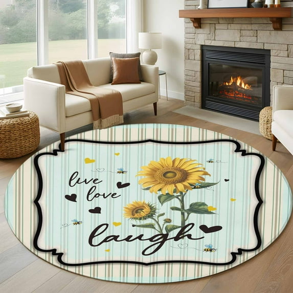 Large Round Rug 8Ft Washable Non-Slip, Sunflower Circle Area Rugs for Living Room Bedroom, Yellow Floral Stripe Farmhouse Modern Art Indoor Floor Mats Carpet Runner for Home Decor