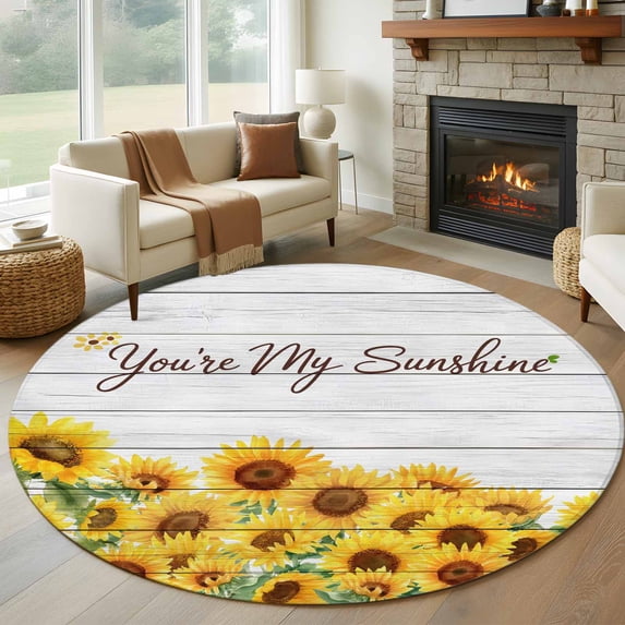 Large Round Rug 8Ft Washable Non-Slip, Sunflower Circle Area Rugs for Living Room Bedroom, Yellow Summer Botanical Farmhouse Floral Wooden Indoor Floor Mats Carpet Runner for Home Decor
