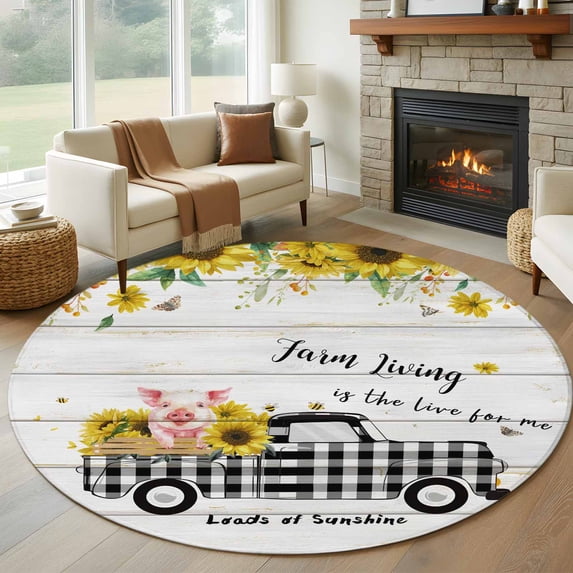 Large Round Rug 8Ft Washable Non-Slip, Sunflowers Circle Area Rugs for Living Room Bedroom, Spring Botanical Truck Pig Wooden Grain Indoor Floor Mats Carpet Runner for Home Decor