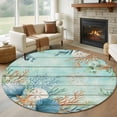 thumbnail image 1 of Large Round Rug 8Ft Washable Non-Slip, Teal Beach Coastal Circle Area Rugs for Living Room Bedroom, Summer Nautical Coral Shell Botanical Vintage Indoor Floor Mats Carpet Runner for Home Decor, 1 of 8