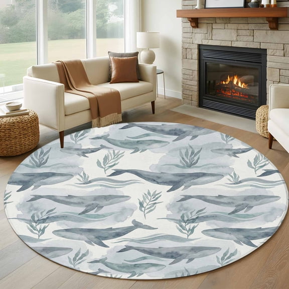 Large Round Rug 8Ft Washable Non-Slip, Teal Grey Whale Coastal Circle Area Rugs for Living Room Bedroom, Watercolor Beach Ocean Nautical Indoor Floor Mats Carpet Runner for Home Decor