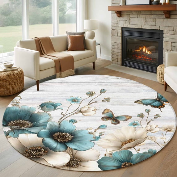 Large Round Rug 8Ft Washable Non-Slip, Teal Tulip Butterfly Circle Area Rugs for Living Room Bedroom, Beige Turquoise Floral Grey Wooden Indoor Floor Mats Carpet Runner for Home Decor