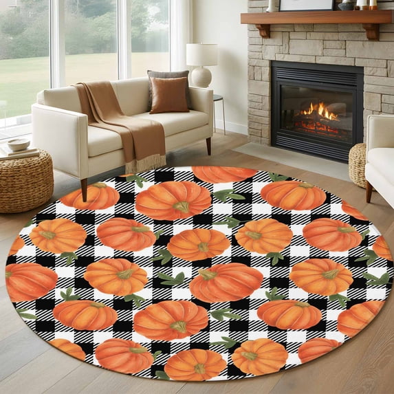 Large Round Rug 8Ft Washable Non-Slip, Thanksgiving Circle Area Rugs for Living Room Bedroom, Fall Orange Pumpkin Black White Plaid Indoor Floor Mats Carpet Runner for Home Decor