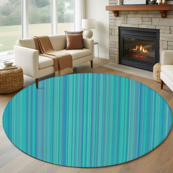 Large Round Rug 8Ft Washable Non-Slip, Turquoise Stripes Circle Area Rugs for Living Room Bedroom, Modern Abstract Art Striped Farmhouse Indoor Floor Mats Carpet Runner for Home Decor