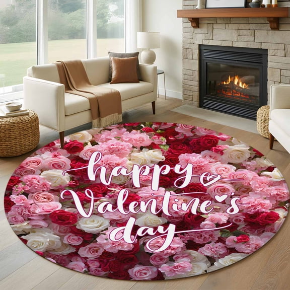 Large Round Rug 8Ft Washable Non-Slip, Valentine's Day Circle Area Rugs for Living Room Bedroom, Colorful Roses Floral Romantic Rustic Indoor Floor Mats Carpet Runner for Home Decor