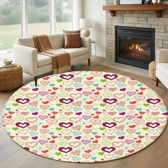 Large Round Rug 8Ft Washable Non-Slip, Valentine's Day Circle Area Rugs for Living Room Bedroom, Heart Love Modern Country Light Yellow Indoor Floor Mats Carpet Runner for Home Decor