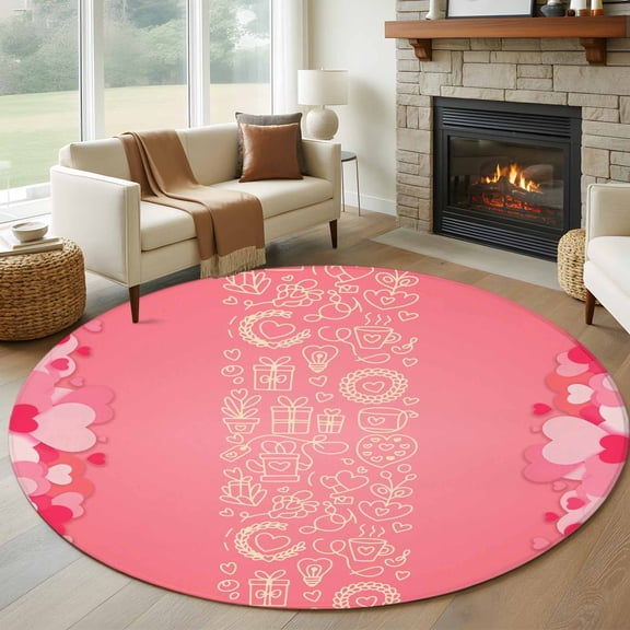 Large Round Rug 8Ft Washable Non-Slip, Valentine's Day Circle Area Rugs for Living Room Bedroom, Pink Love Paper Cuttings Romantic Indoor Floor Mats Carpet Runner for Home Decor