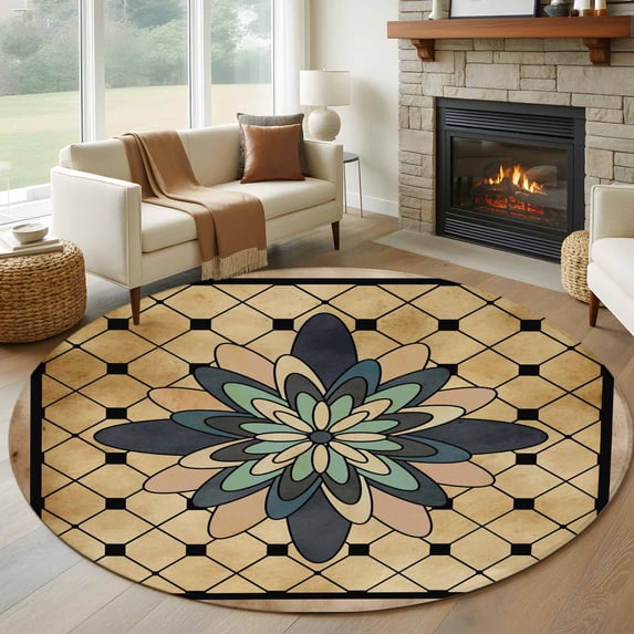 Large Round Rug 8Ft Washable Non-Slip, Vintage Geometric Circle Area Rugs for Living Room Bedroom, Green Brown Abstract Plaid Checkered Indoor Floor Mats Carpet Runner for Home Decor