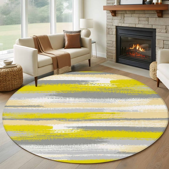 Large Round Rug 8Ft Washable Non-Slip, Yellow Gray Stripes Circle Area Rugs for Living Room Bedroom, Watercolor Modern Abstract Minimalist Indoor Floor Mats Carpet Runner for Home Decor