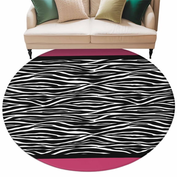 Large Round Rug 8Ft Zebra Printed Circle Area Rugs Washable Non Slip Indoor Floor Mats Carpet for Living Room Bedroom Dining Room Home Decor