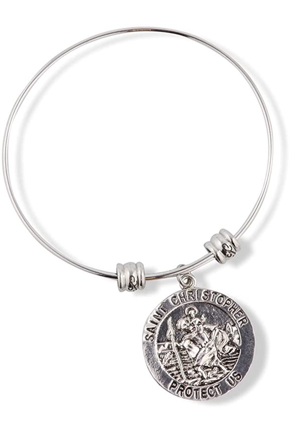 Large Round Saint Christopher Protect Us Fancy Charm Bangle