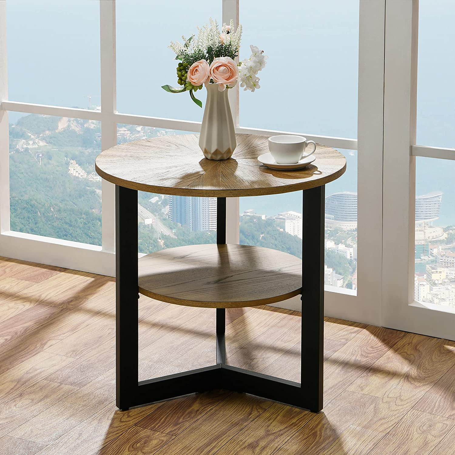 Large Round Side Table with Metal Leg, Solid Wood Circular Beside Table ...