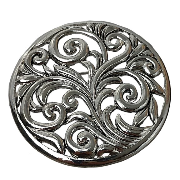 Large Round Silver Tone Openwork Leaves Nature Brooch Pin Womens Adult Fashion