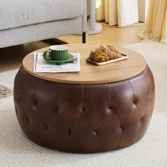 Large Round Storage Ottoman Coffee Table with Wooden Tabletop, 25 Inches Faux Leather Tufted Ottoman for Living Room, Bedroom, Apartments, Brown