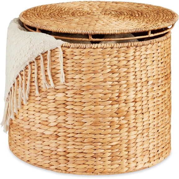 Large Round Storage Ottoman W/Lid, Handwoven Water Hyacinth Footstool, Accent Stool, Side Table, Storage Container, Plant Stand For Living Room, Office, or Bedroom