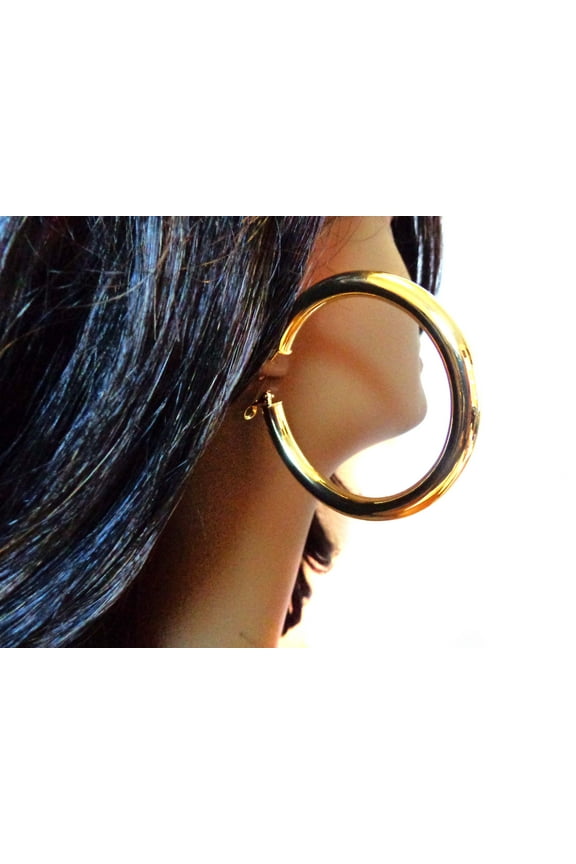 Large Round Thick Hoop Earrings Plated Gold Tone 2.75 inch Hoops