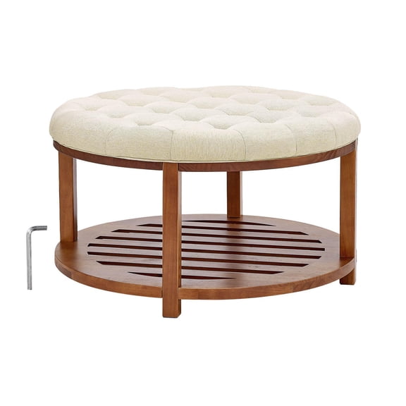 Large Round Tufted Footstool Coffee Table 31.9 Inch Solid Wood Storage Shelf Linen Upholstered for Living Room Bedroom 350 lbs Capacity