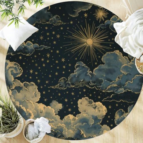Large Round Washable Area Rugs 5ft Set Moon Phases Different Stages Moonlight Activity Vintage Engraving Rugs for Bedroom Living Room Dining Room Table Kitchen Bathroom Entryway Circular Carpet