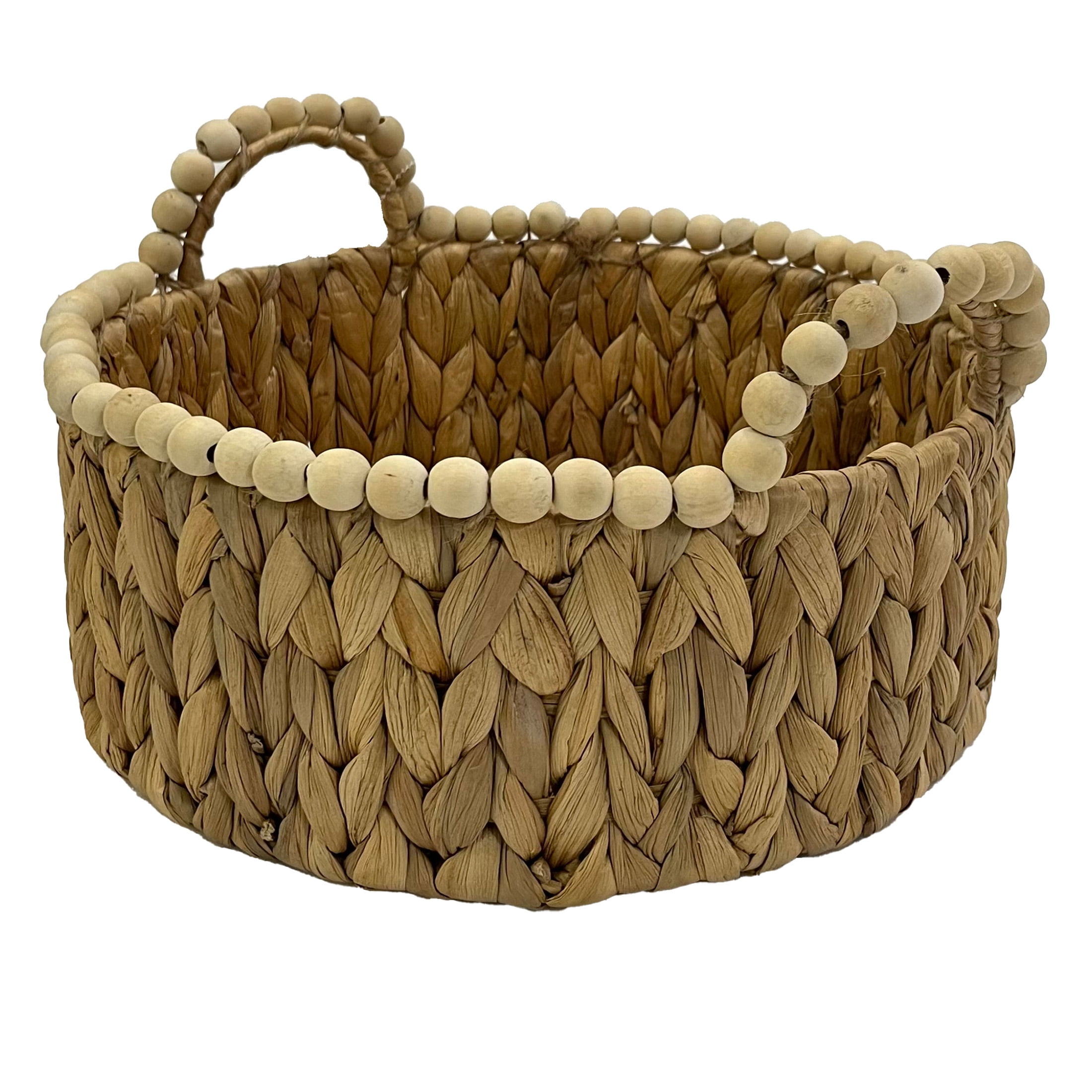 Large Round Light Brown Water Hyacinth Basket with Wood Beads