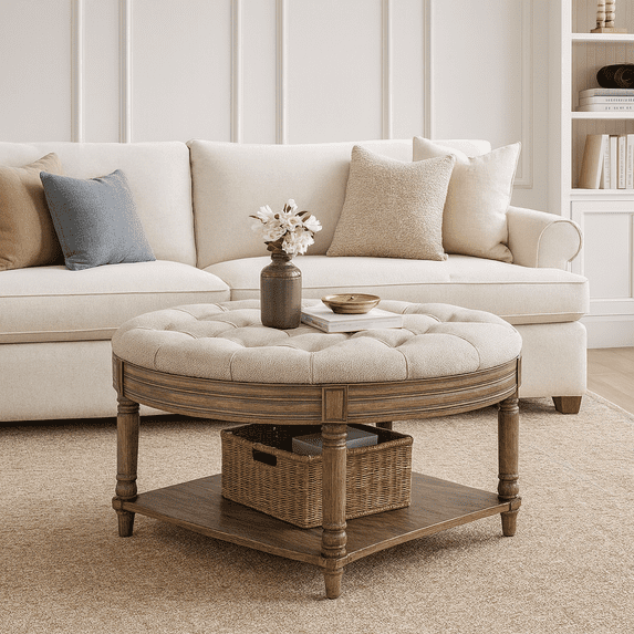 Large Round Waterproof Ottoman Coffee Table 2 Tier Oversized Button Tufted Ottoman with Wooden Shelf Storage Farmhouse Upholstered Coffee Table Living Room Footstool Ottoman Linen