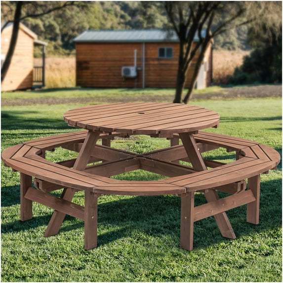 Large Round Wooden Outdoor Picnic Table with Center Umbrella Hole and 1 Ring Seat, Brown
