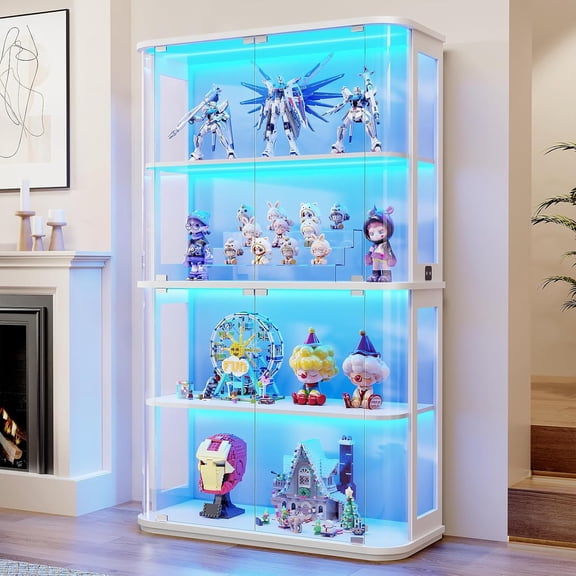 Large Rounded Display Cabinet with Glass Door, 4-Tier Curio Cabinet with 3 Color Lights for Collectibles, Glass Display Case with Transparent Full-Display Surface, Human Body Sensor, White