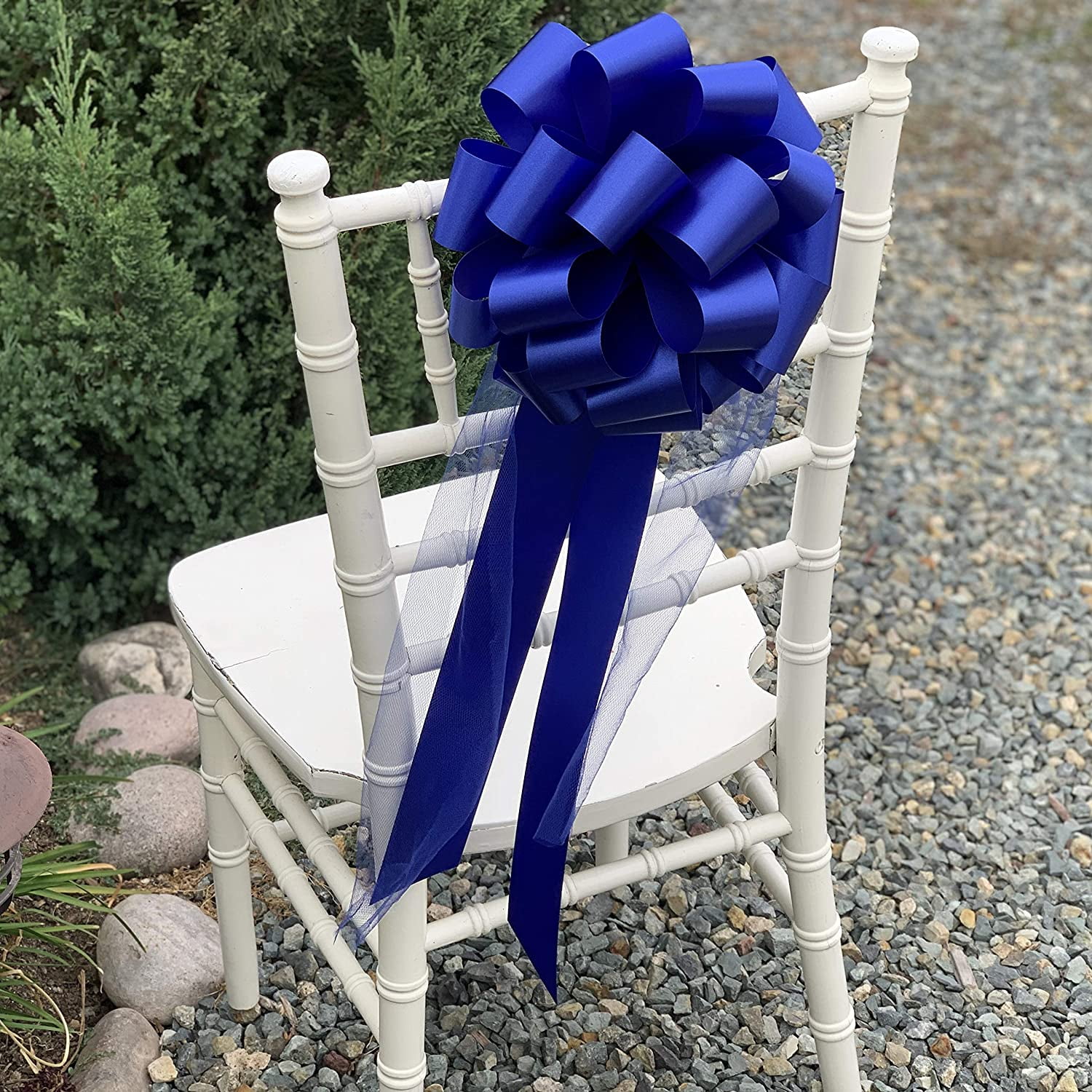 Large Royal Blue Wedding Pull Bows with Long Tulle Tails - 9" Wide, Set of 6, Memorial Day, 4th of July, Birthday, Wedding, Fundraiser, Christmas, President's Day