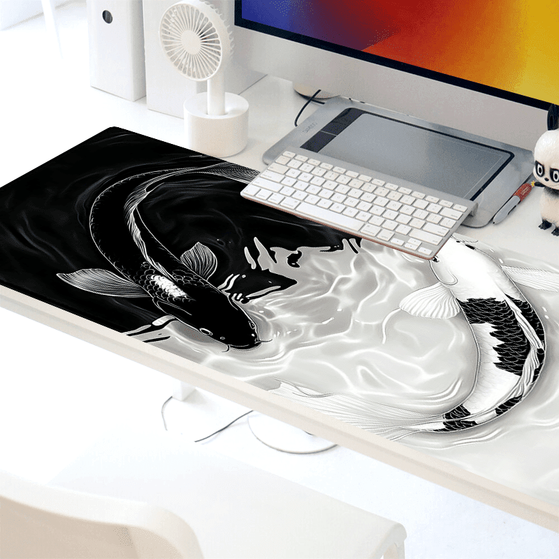 Large Rubber Koi Fish Mouse Pad 31.5"x11.8 Inch – Non-Slip Black & White Lucky Mat, Soft & Comfortable Ergonomic Stitched Desk Pad with Artistic Koi Design, Ideal for Office or Home Use