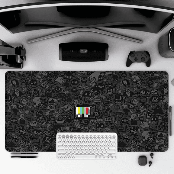 Large Rubber Mouse Pad 35.4 x 15.8 inches with Dark Cartoon Print and TV Test Pattern Design for Office, Gaming, and Travel Use