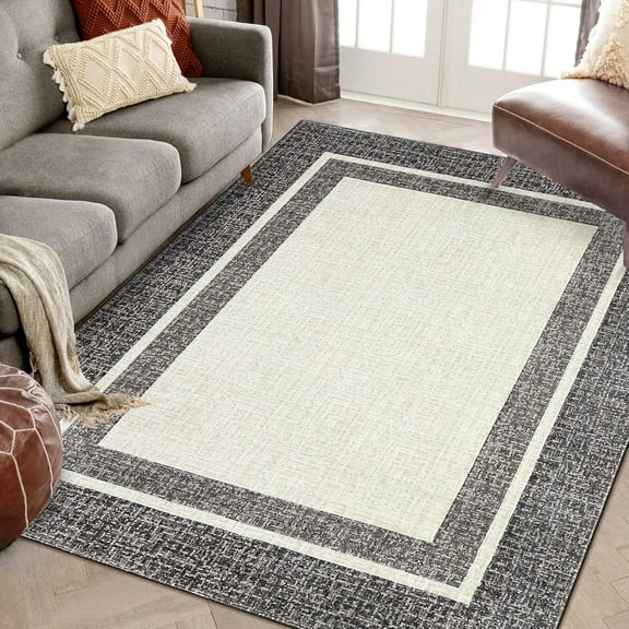 Large Rug 9x12 Machine Washable Area Rug Soft Non-Slip Rugs Modern Bordered Rug Low Pile Lightweight Carpet Indoor Floor Cover for Living Room Bedroom, Brown