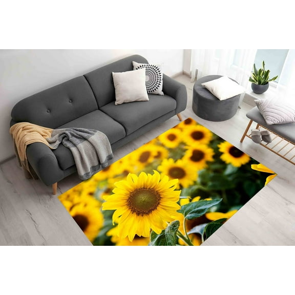 Large Rug, Area Rug, Thick Rug, Personalized Gift, Sunflower Rugs, Yellow Rugs, Botanical Rug, 3D Printed Rug, Large Rug, Living Room Rug, 3.3'x6.5' - 100x200 cm