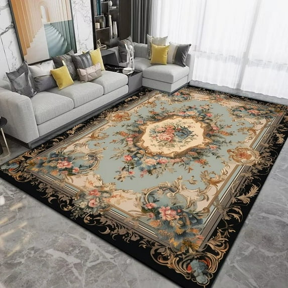 Large Rug European Style Big Living Room Rugs Home Decoration Luxury Black Gold Persian Bedroom Carpet Washable Mat for Floor Lounge Rug