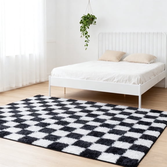 Large Rugs, 4'×6' Soft Fluffy Shag Indoor Floor Carpet for Living Room Bedroom Dining Room Office Home Decor,Black and White