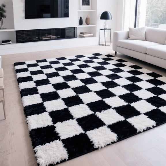 Large Rugs, 5'×8' Soft Fluffy Shag Indoor Floor Carpet for Living Room Bedroom Dining Room Office Home Decor,Black and White