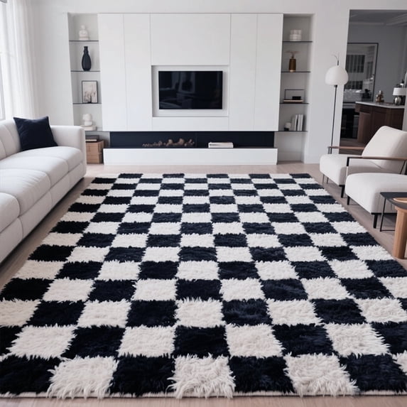 Large Rugs, 6'×9' Soft Fluffy Shag Indoor Floor Carpet for Living Room Bedroom Dining Room Office Home Decor,Black and White