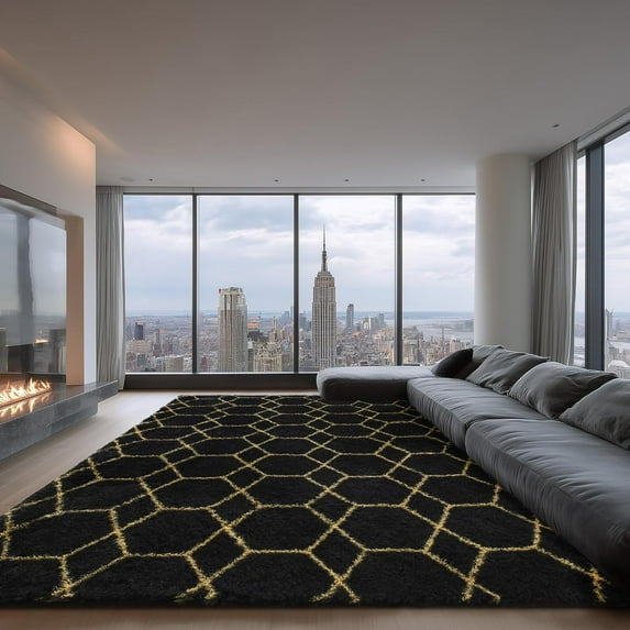 Large Rugs for Living Room, 8x10 Black Fluffy Bedroom Area Rug, Shag Geometric Soft Fuzzy Carpets Big Kids Room Rug, Non-Slip Plush Modern Rug for Office Home Decor Aesthetic, Black/Gold