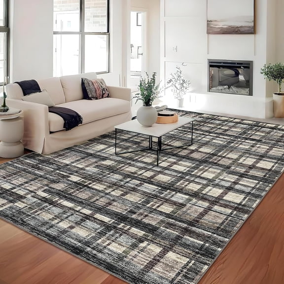 Large Rugs for Living Room 9x12 Washable Area Rug Modern Plaid Non Slip Rug Low Pile Non-Shedding Accent Carpet Indoor Soft Floor Cover for Bedroom Home Office Farmhouse Nursery Green Brown