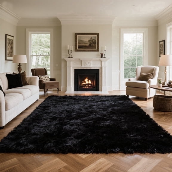 Area Rugs for Living Room Bedroom, 8ft x 10ft Soft Fluffy Shag Indoor Floor Carpet for Living Room Bedroom Dining Room Office Home Decor, Black