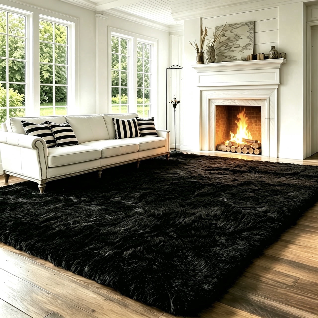 Area Rugs for Living Room Bedroom, 9ft x 12ft Soft Fluffy Shag Indoor Floor Carpet for Living Room Bedroom Dining Room Office, Black